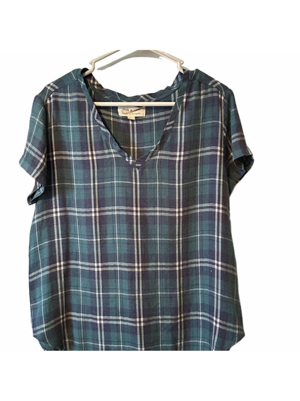 Cloth & Stone Plaid V-Neck Blouse Teal